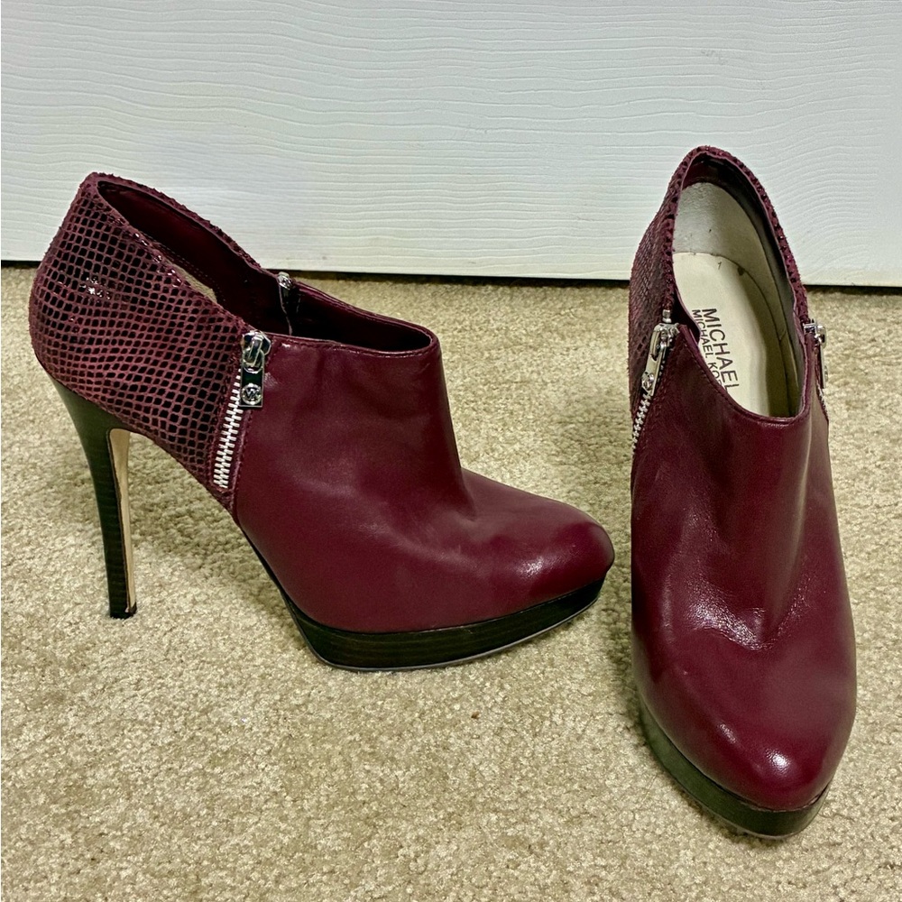 Michael Kors burgundy leather & snakeskin booties heeled platform boots 10